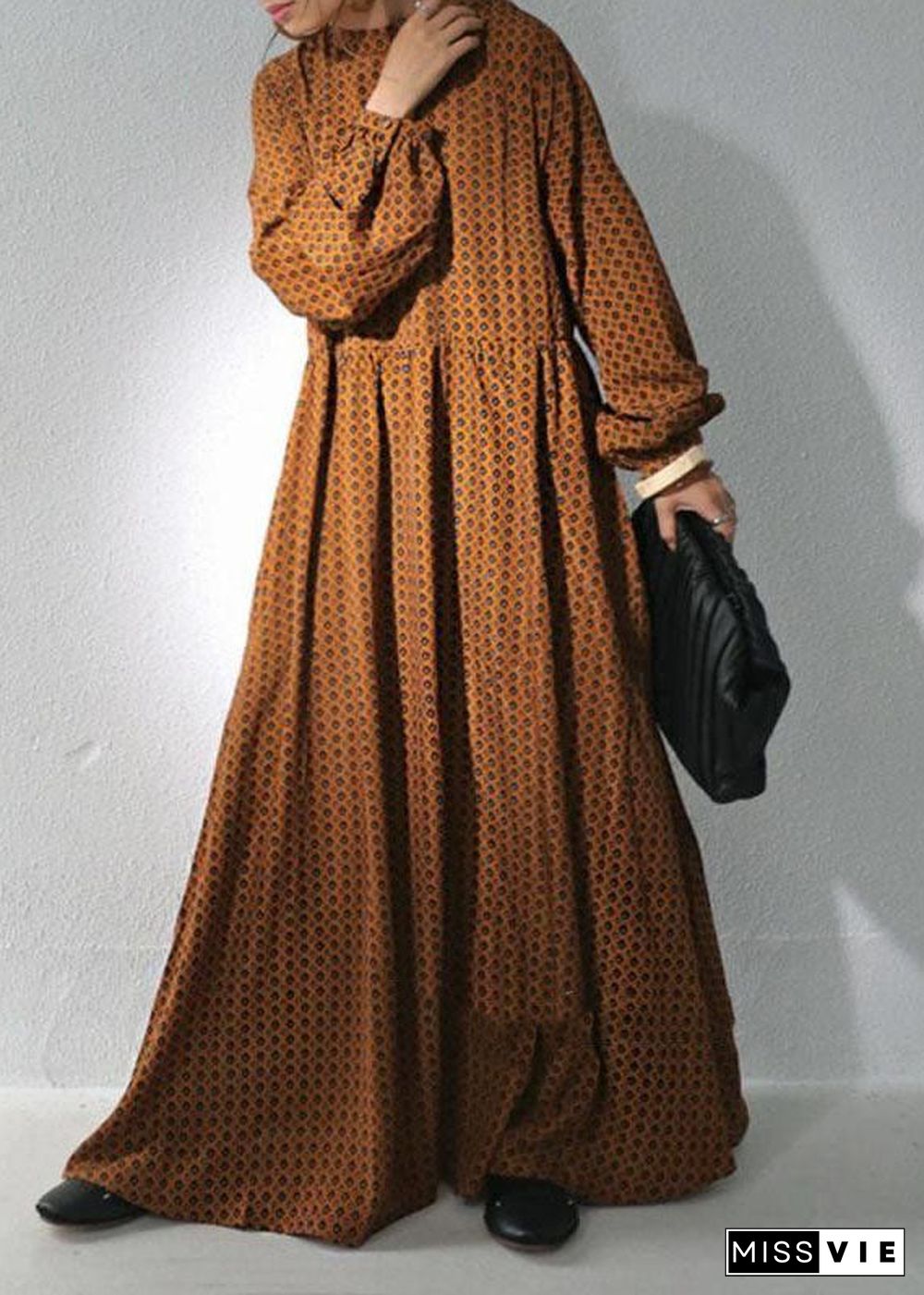 Brown Dot Print Chiffon Maxi Dresses Stand Collar Wrinkled Long Sleeve