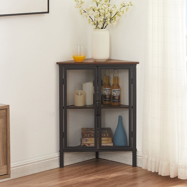 Industrial Triangle Corner Table with Dual Door and 3-tier Shelf Storage Cabinet