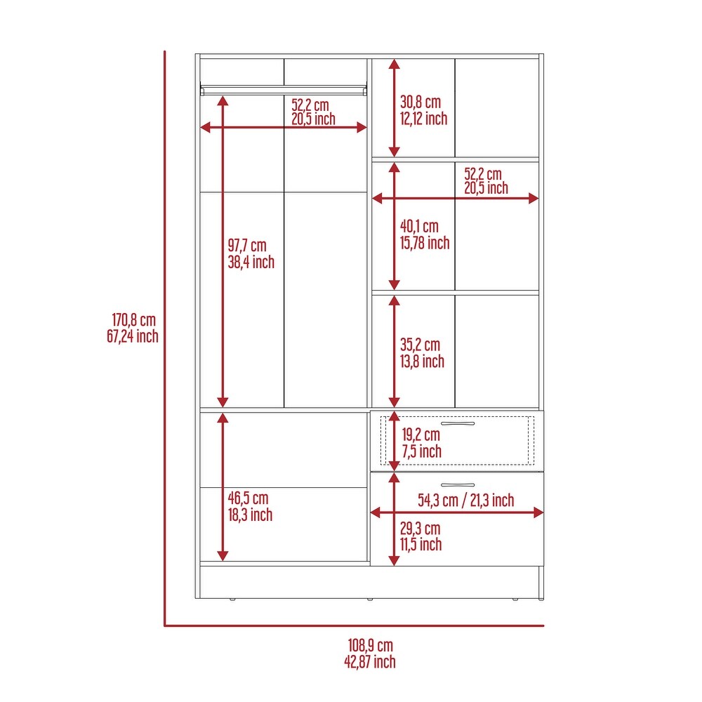 Double Door Armoire with 1 Drawer  5 Interior Shelves and Rod