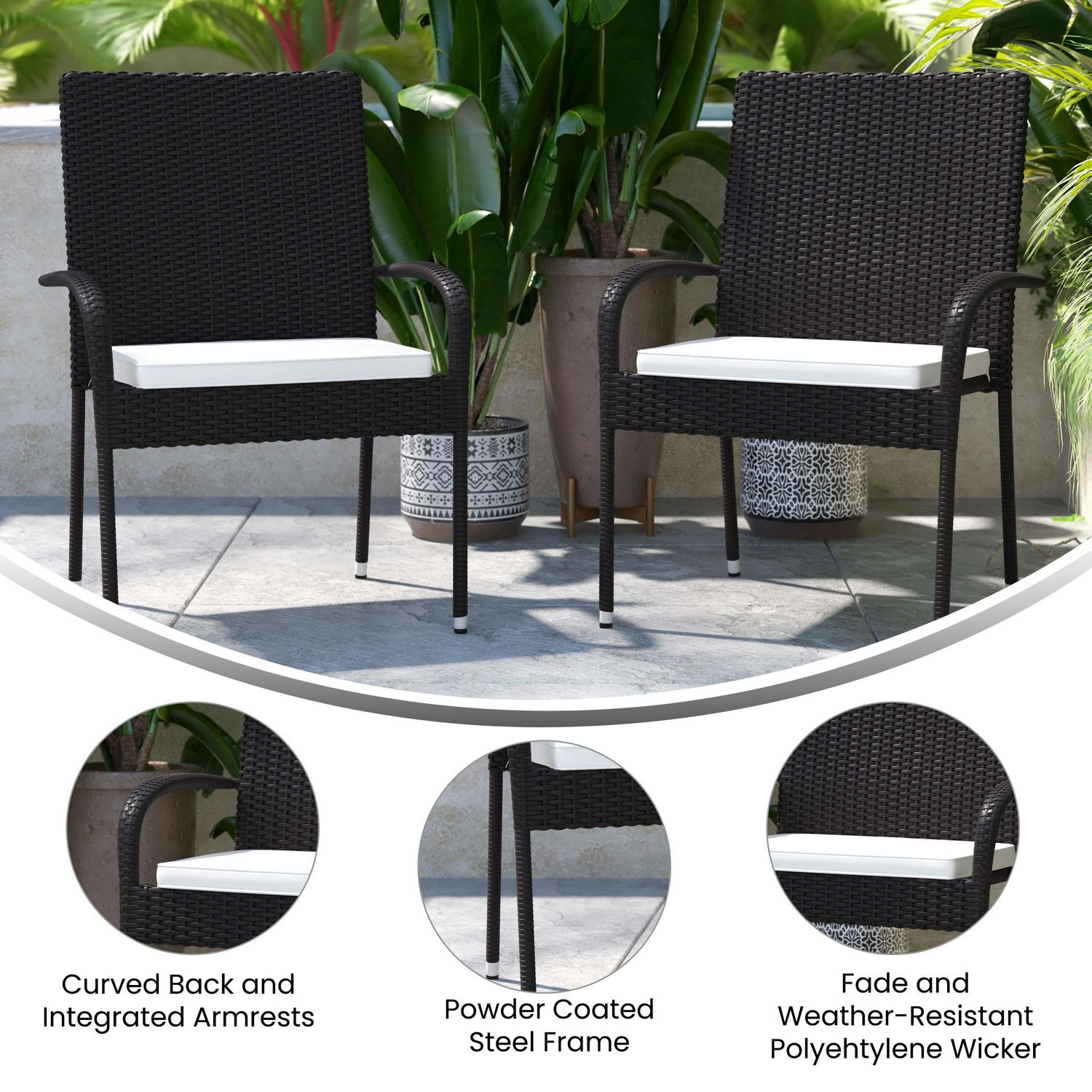 Flash Furniture Maxim Set of 2 Stackable Indoor/Outdoor Black Wicker Dining Chairs with Cream Seat Cushions  Fade and Weather-Resistant Materials