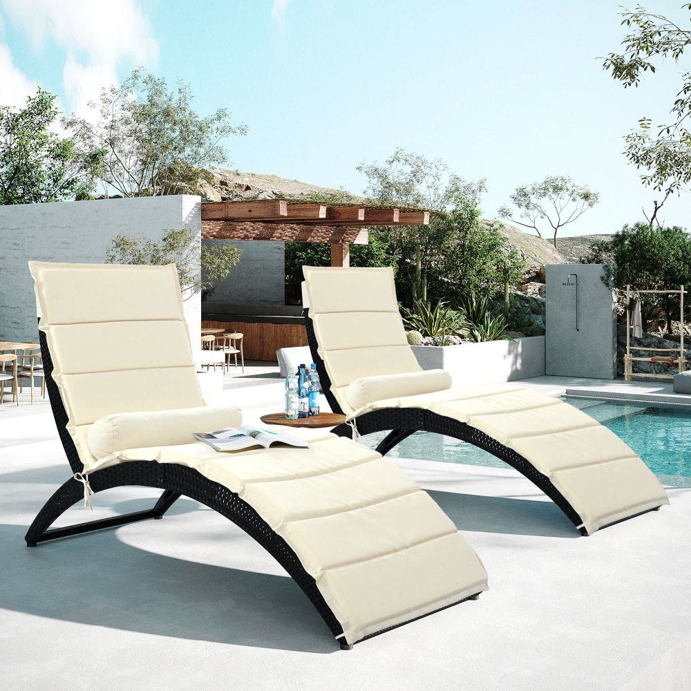 2-Pice Outdoor Patio Wicker Foldable Chaise Lounge with Cushion Pillow