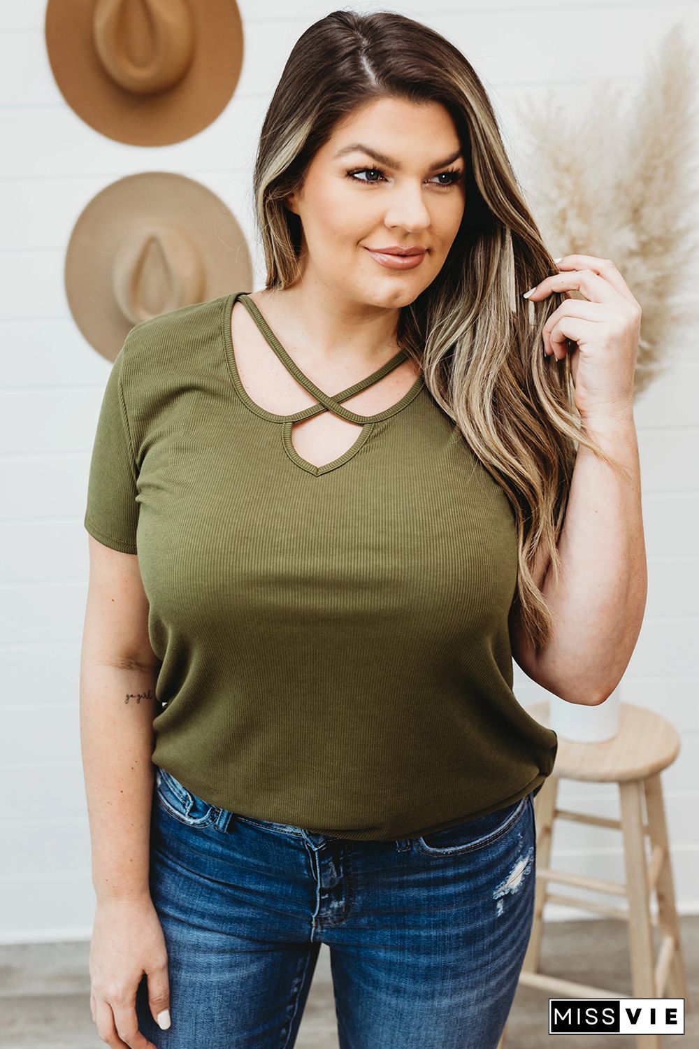 Army Green Plus Size Crisscross Ribbed Knit T-shirt