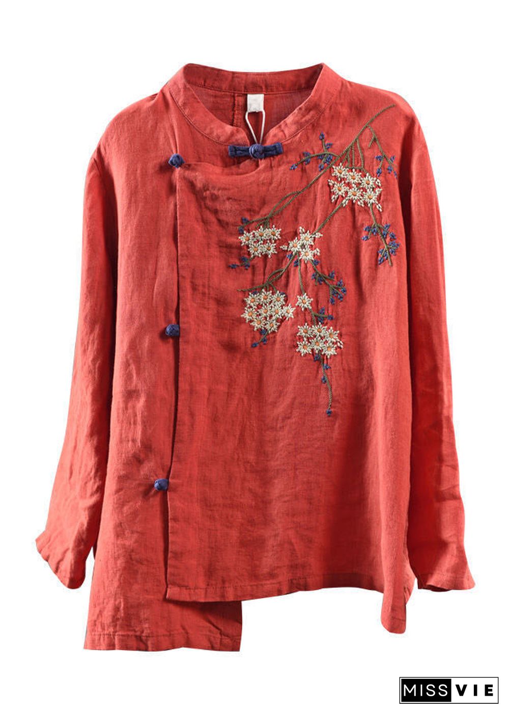 Plus Size Orange O-Neck Asymmetrical Design Button Embroideried Linen Top Long Sleeve