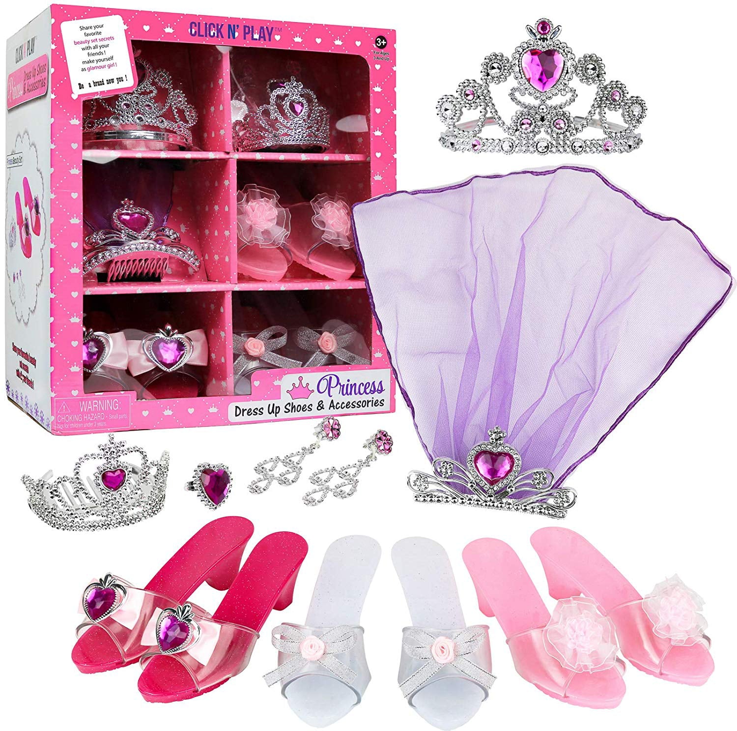 Click N' Play Girls Princess Fashion Dress Up Set | High Heels， Earrings， Ring and Accessories | Princess Dress Up Clothes for Little Girls | Girls Play Dresses for Princess Dress UP