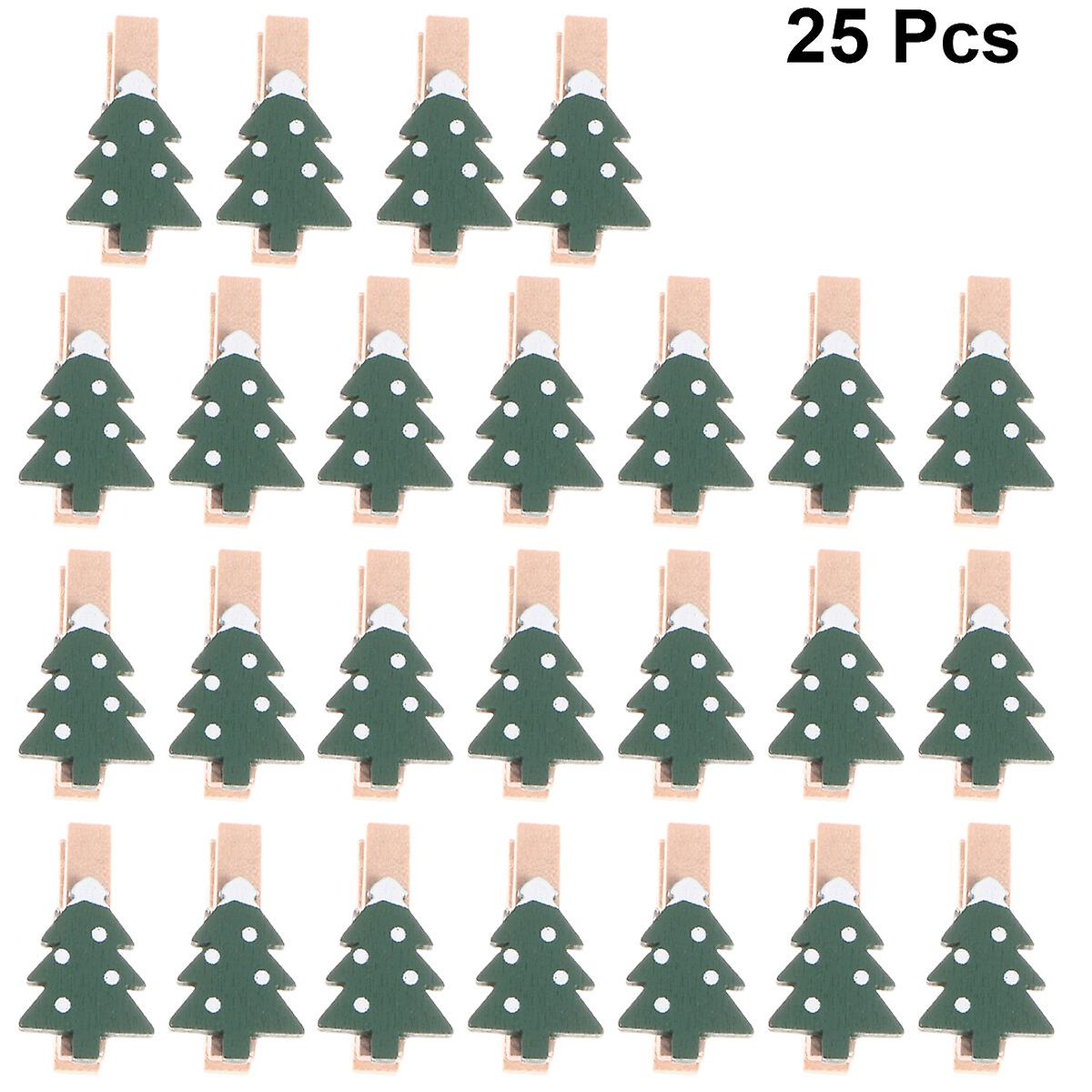 25pcs Christmas Themed Wooden Mini Clips Cartoon Paster Photo Folder Christmas Tree Pattern Clips Diy Photo Craft Decoration