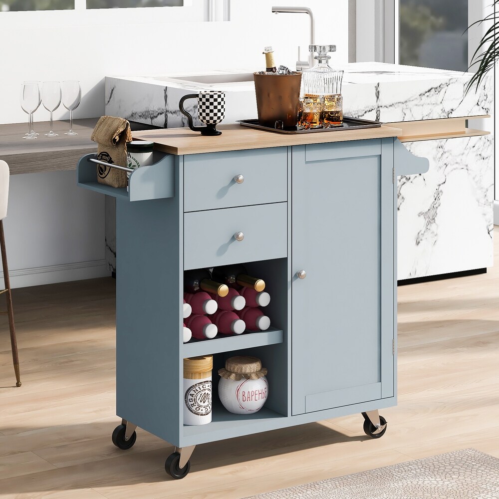 Kitchen Cart with Rubber Wood Top   Drawers  Kitchen Island with 4 Wheels