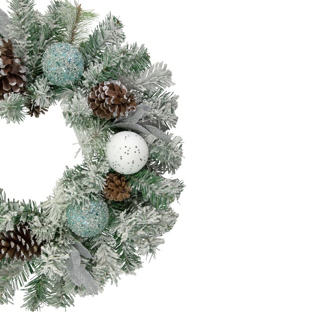 Unlit Teal silver Ornaments Artificial Flocked Pine Christmas Wreath