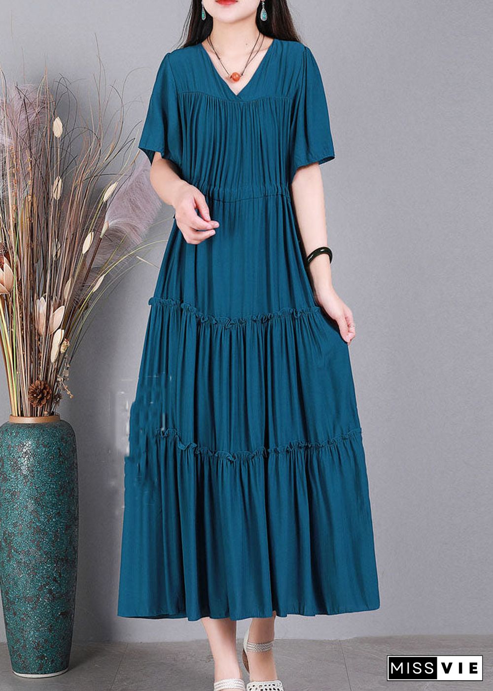 Handmade Peacock Blue V Neck Solid Color Cotton Maxi Dresses Short Sleeve