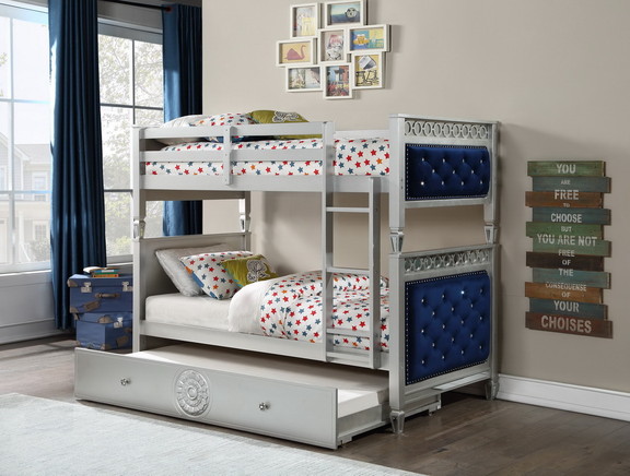 ACME Varian Twin/Twin Bunk Bed  Blue Velvet   Silv...