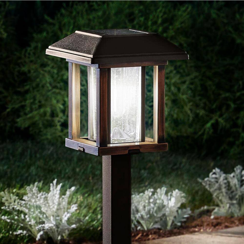 Hampton Bay Taylor 20 Lumens Solar 2-Tone Bronze and Wood LED Landscape Pathway Light Set with Vintage Bulb (4-Pack) P9108-03