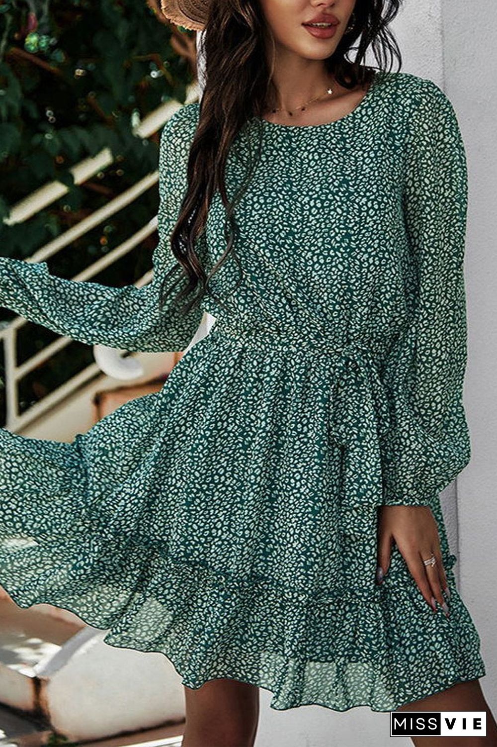 Lace-Up Floral Printed Ruffle Dress