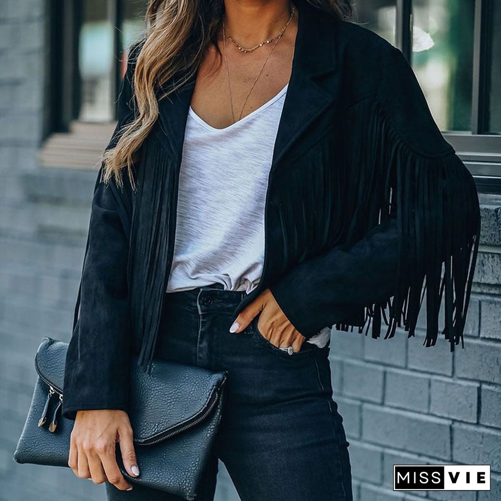 Back To School Outfit  Fashion Women Tassel Jacket Faux Suede Long Sleeve Fringe Jacket Ladies Vintage Cropped Motor Biker Cardigan Streetwear Outwears