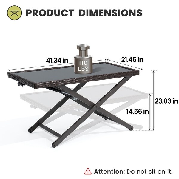 Outdoor Coffee Table Side Table Fits with Conversation Set，PE Rattan and Glass Tabletop，Adjustable Height