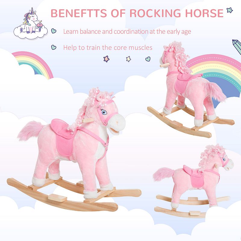 Qaba Kids Ride on Rocking Horse Toddler Plush Toy with Realistic Sounds and Swinging Tail for 3 Years Old Children