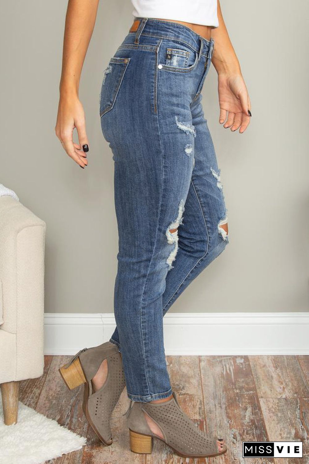 Blue Hollow Out Vintage Skinny Ripped Jeans