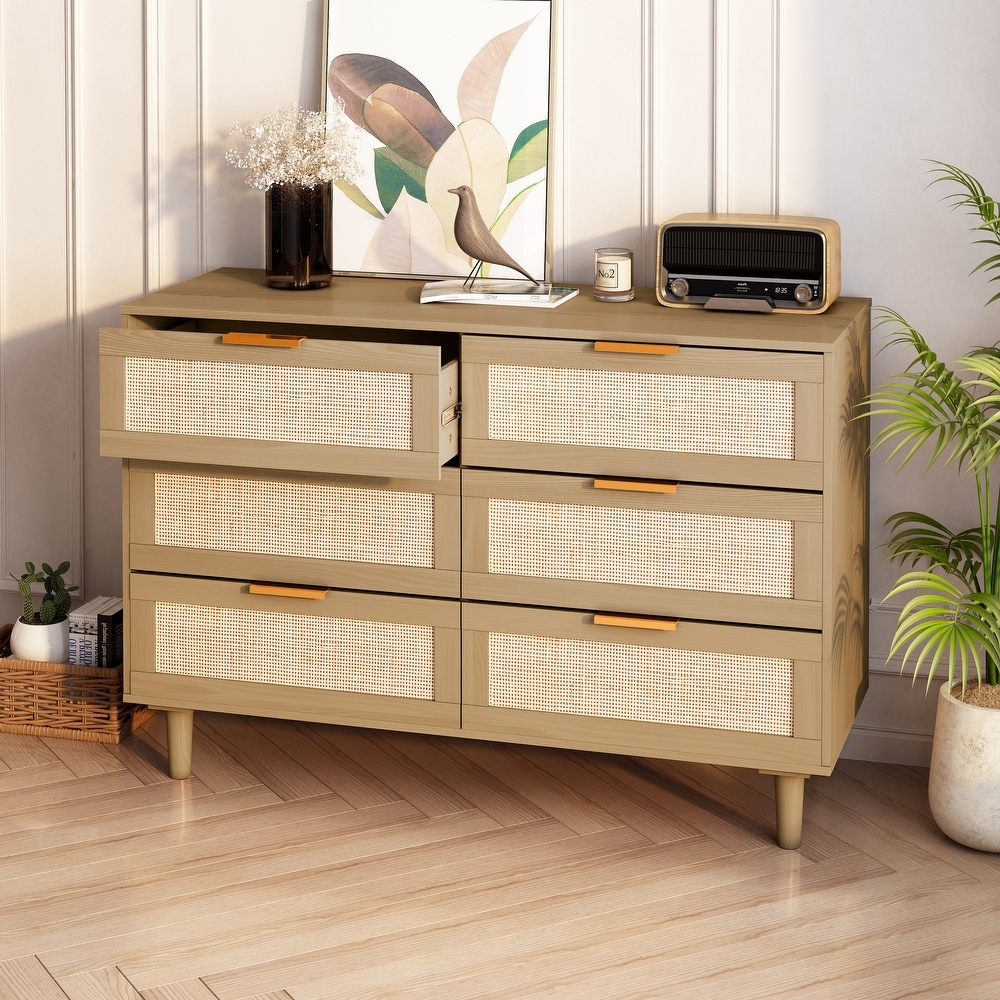 Storage Cabinet Sideboard with Rattan Door and 6 Drawers