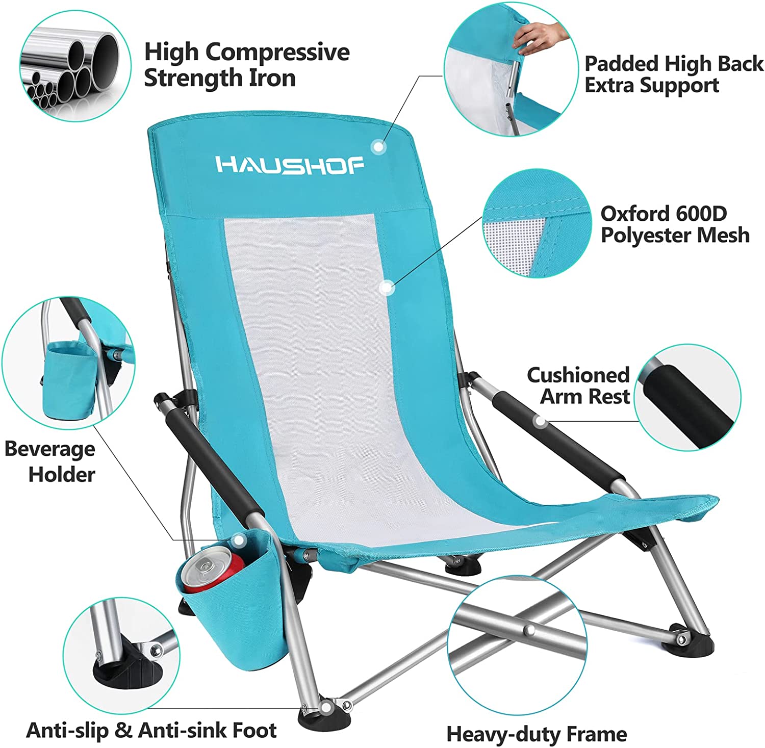 HAUSHOF High Back Beach Chair， Mesh Back Folding Chair， Lightweight Low Seat Camping Chairs with Cup Holder， Carry Bag， Padded Armrest for Outdoor Beach Lawn Camping Picnic Festival， Blue