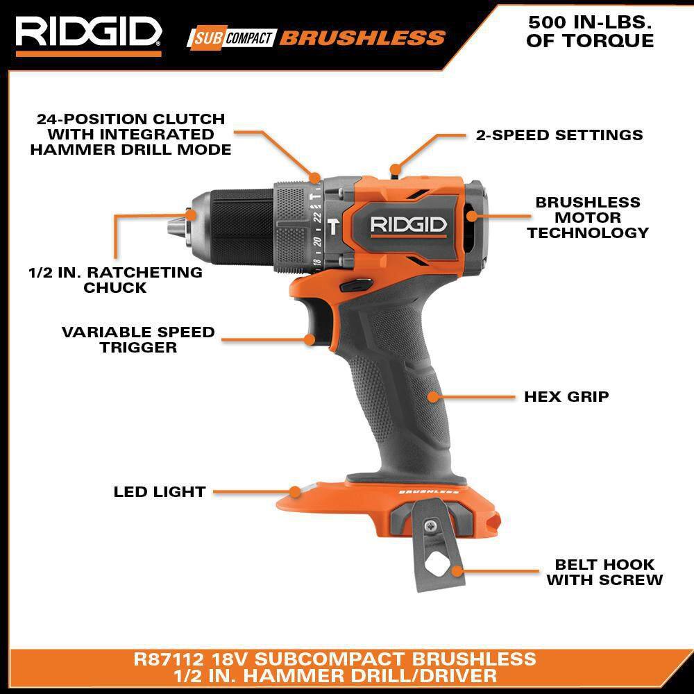 RIDGID 18V SubCompact Brushless Cordless 12 in. Hammer Drill Kit with (2) 2.0 Ah Batteries Charger and Bag R87112K