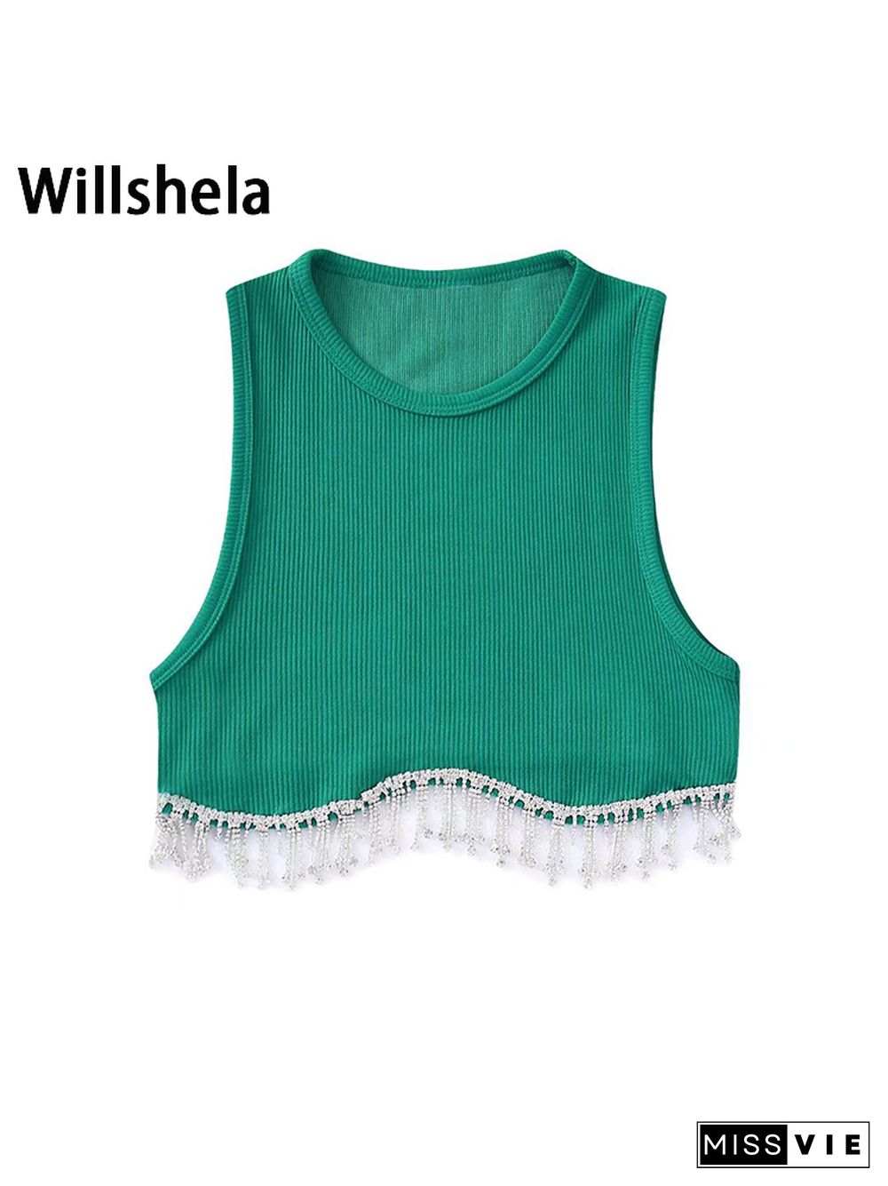 Women Fashion Camis With Beading Hem Cropped Sleeveless Vest Vintage O Neck Female Chic Lady Crop Tank Tops