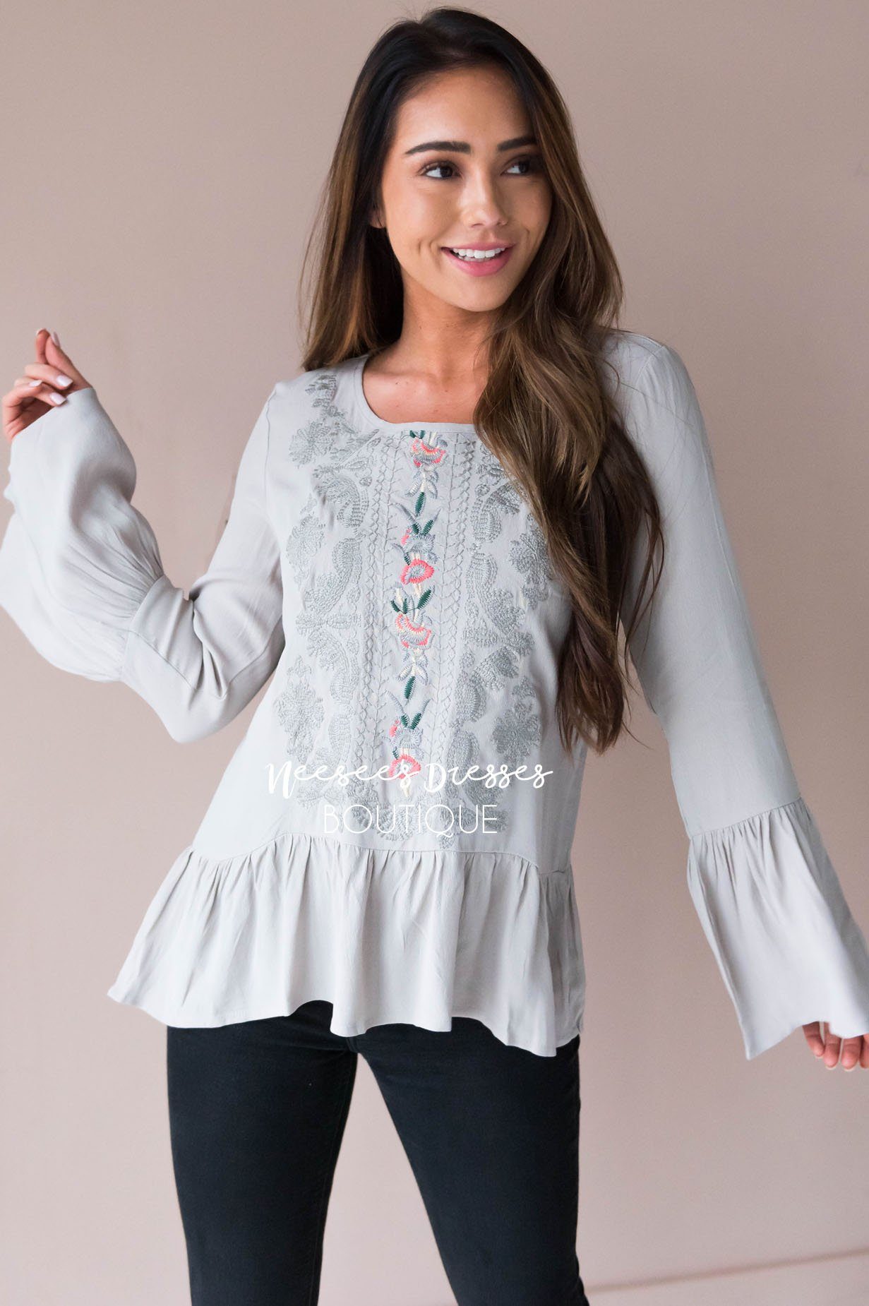 Forever Loved Embroidered Bell Sleeve Blouse