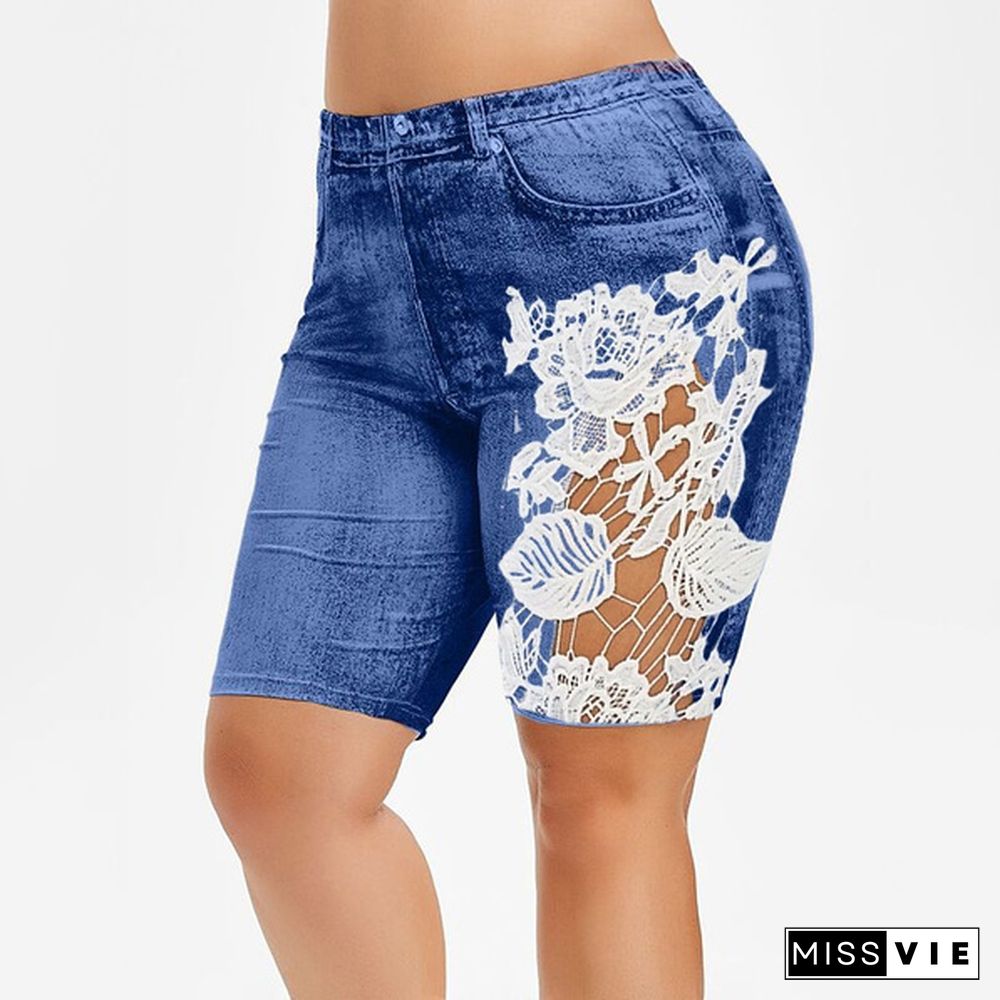 New Women's Fashion Plus Size Denim Leggings Short Summer Lace Fitted Leggings Knee Length Pants