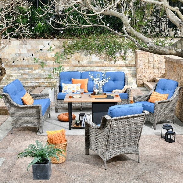 OVIOS 5piece Patio Wicker Conversation Set With Fire Table