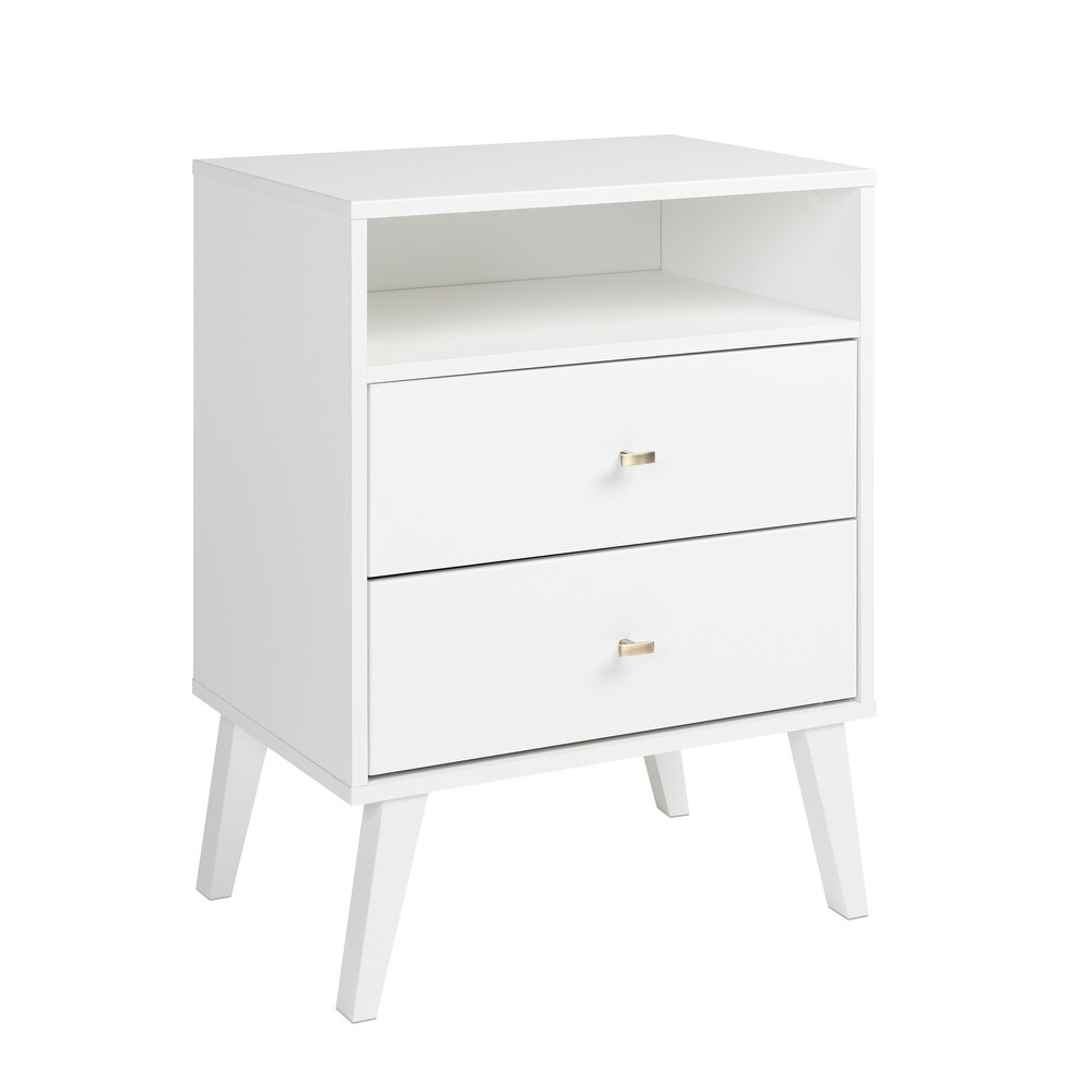 Prepac Milo Mid Century Modern 2 Drawer Nightstand with Open Shelf  Bedside Table  Contemporary Bedroom Furniture