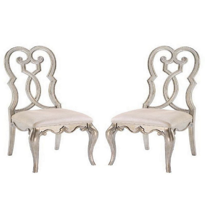 Side Chair with Wooden Scrolled Design Back， Set of 2， Beige