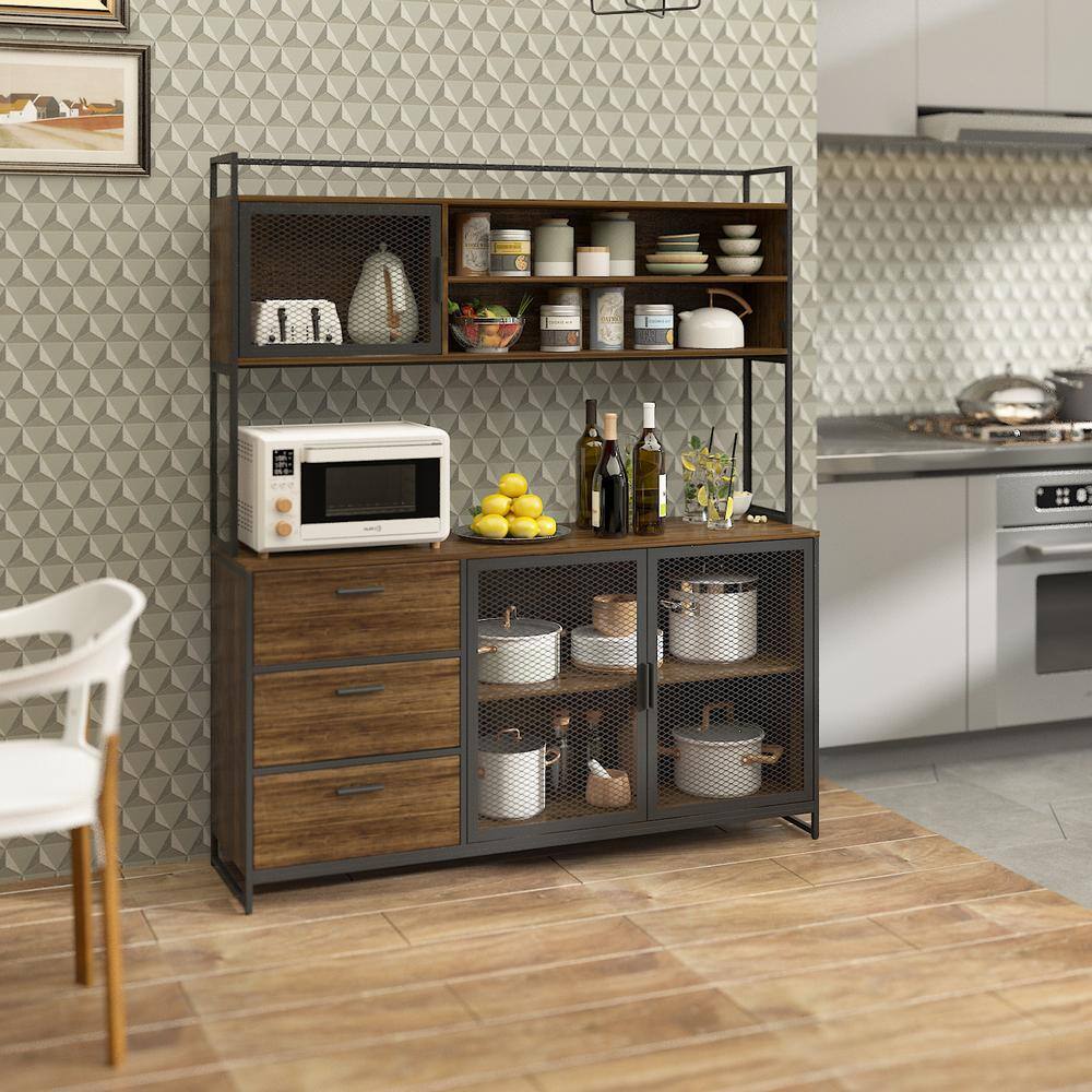 FUFUGAGA 59 in. W Kitchen Brown Wood Buffet Sideboard Pantry Cabinet For Dining Room with Metal Mesh Doors 3-Drawers Shelves KF210150-012