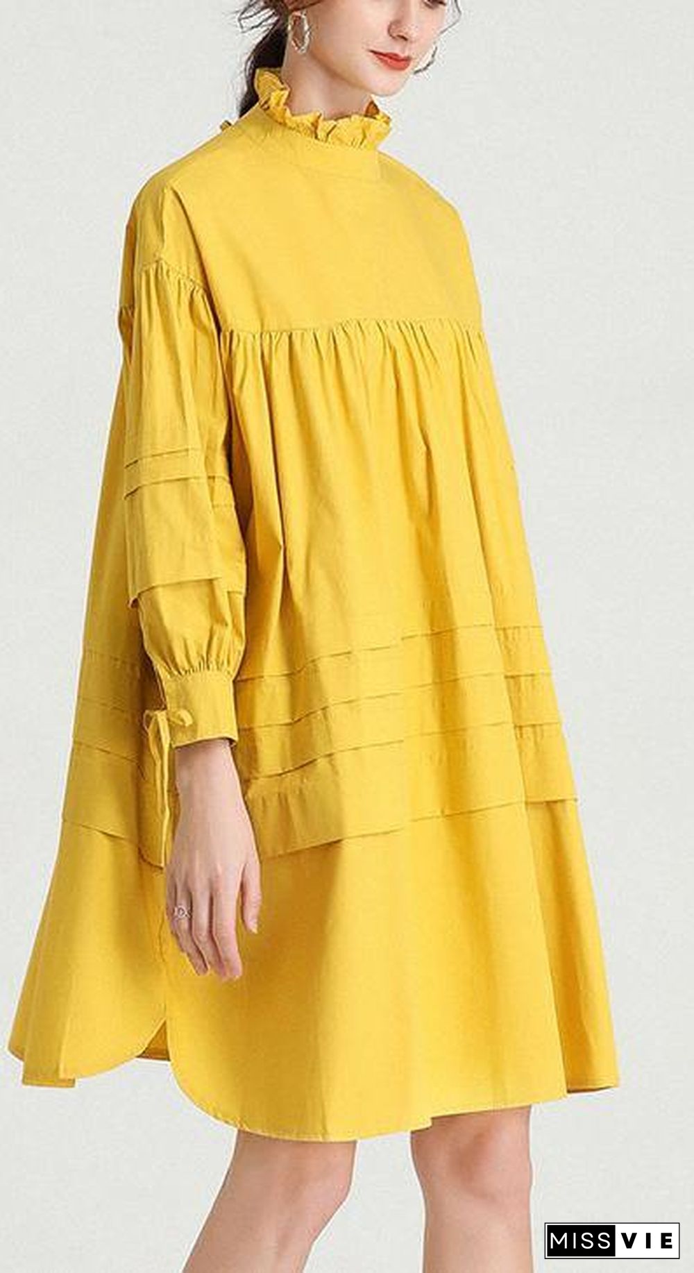 Plus Size Yellow Stand Cotton Bow Spring Maxi Dresses