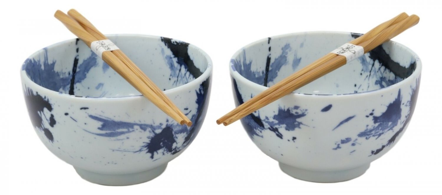 1 Japanese Blue Splash Paint Abstract Design Porcelain Bowls With Chopsticks Set 2 EBR02