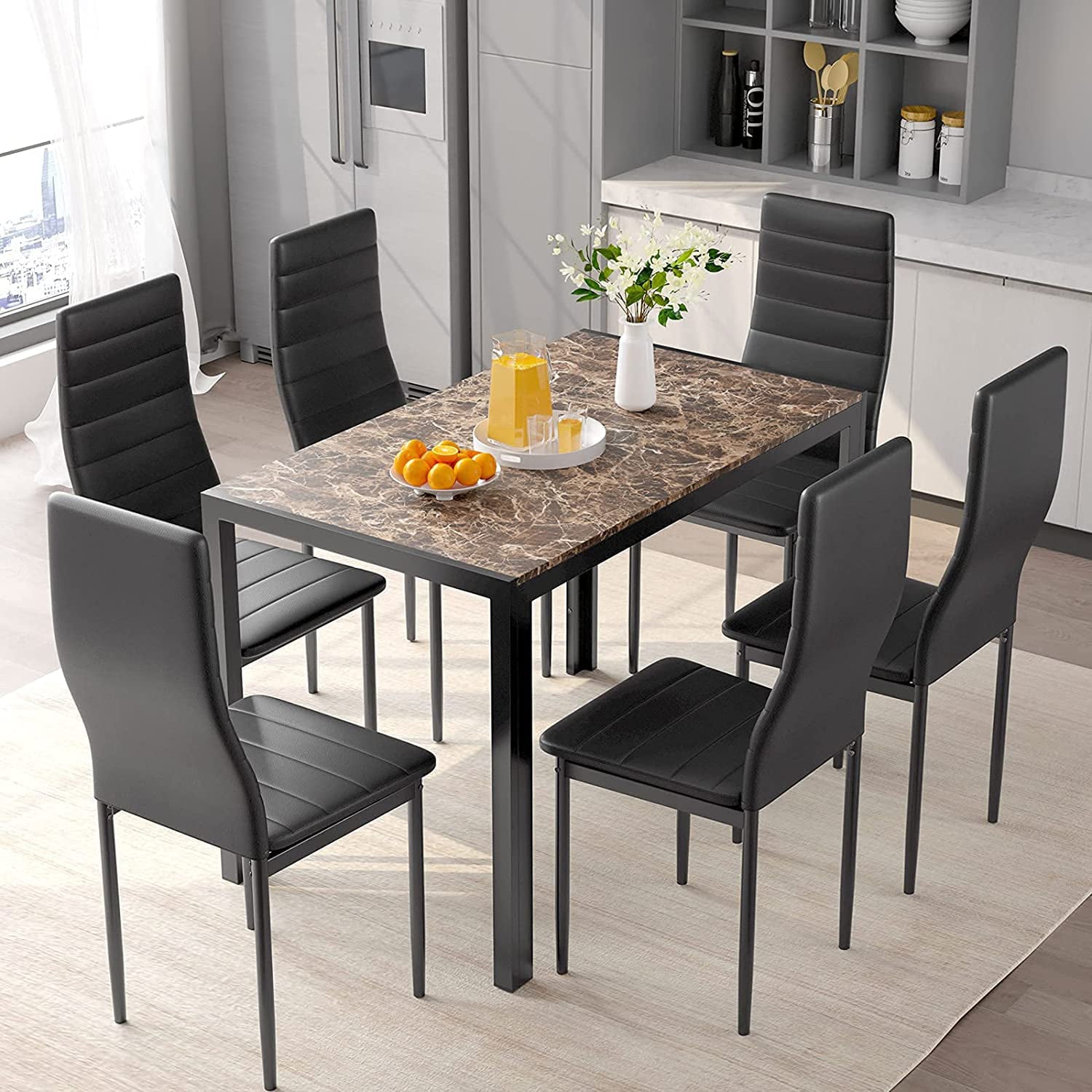 Increkid 7 Piece Kitchen Dining Table Set with 6 PU Leather Chairs