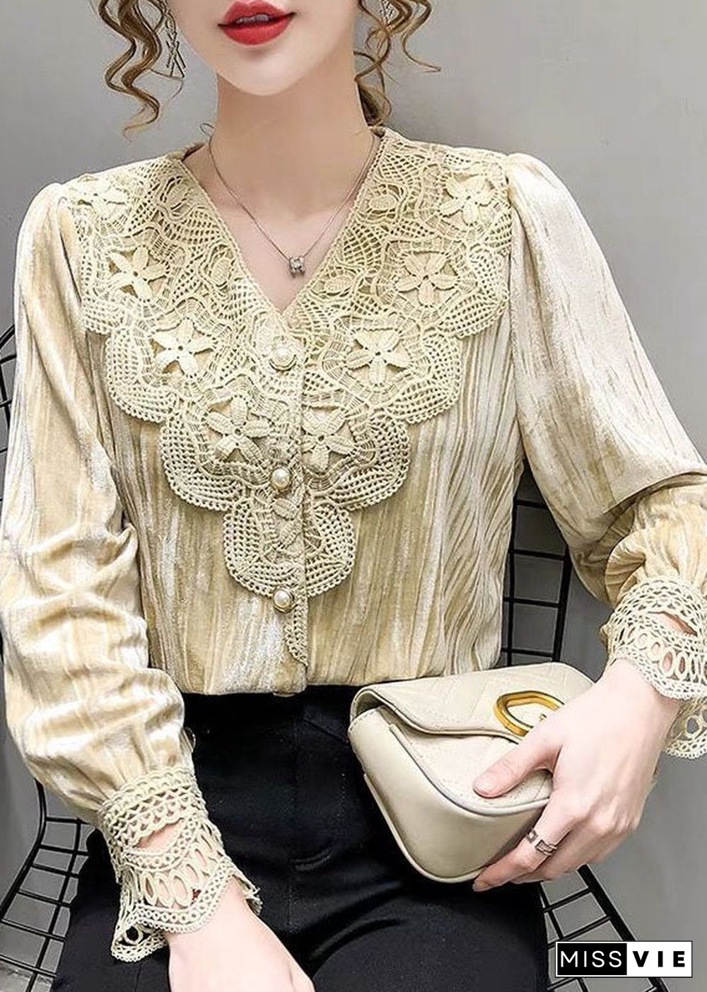 Italian Beige V Neck Patchwork Silk Velour Blouses Long Sleeve