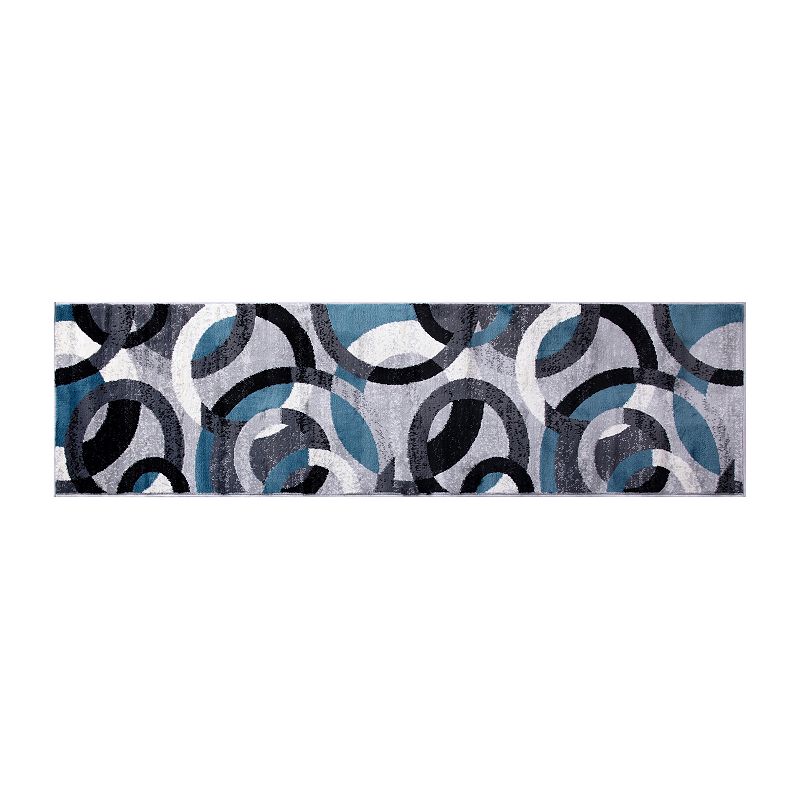 Masada Rugs Masada Rugs， Thatcher Collection Accent Rug with Interlocking Circle Pattern in Blue/Grey with Olefin Facing and Natural Jute Backing - 2'x7' Runner