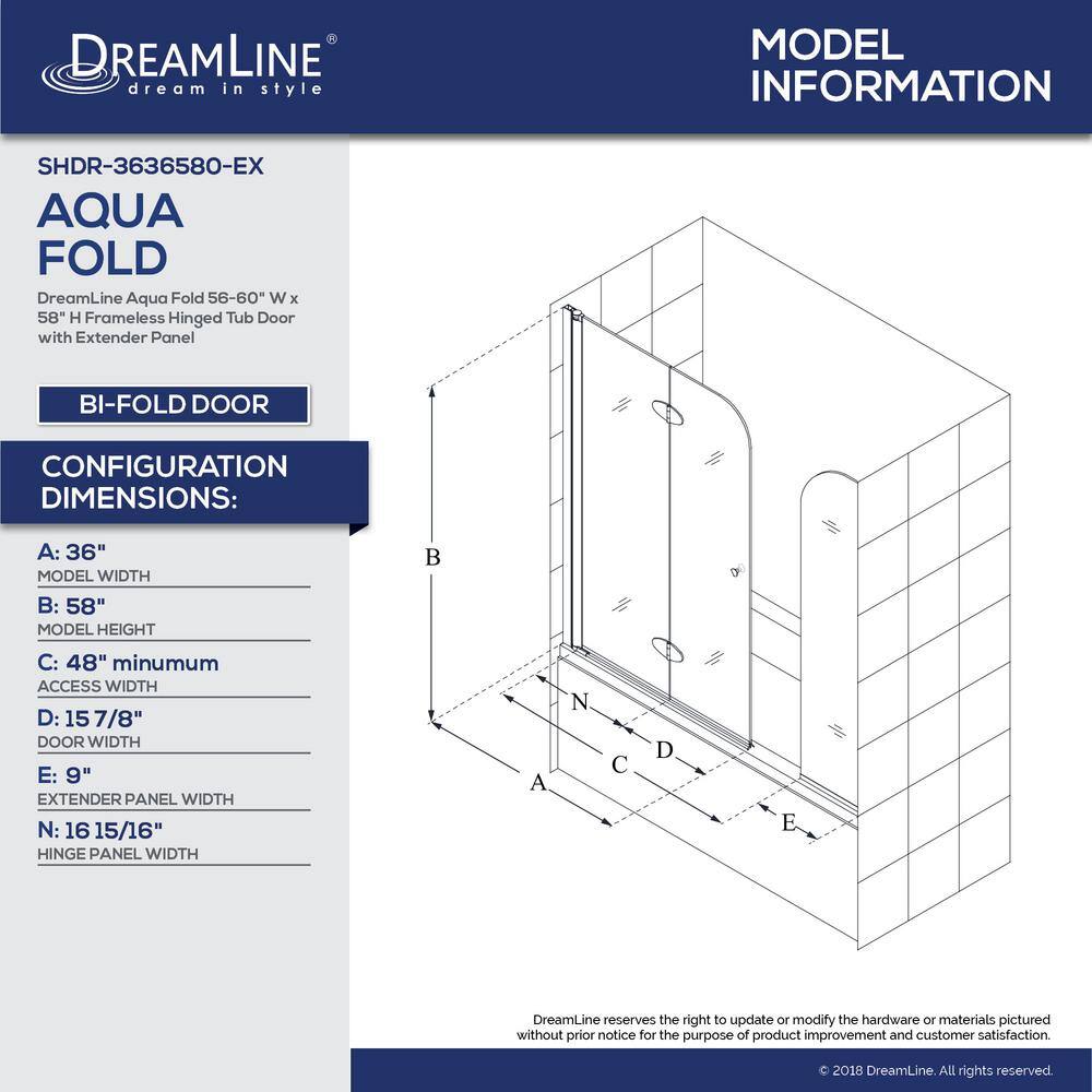 DreamLine Aqua Fold 56 in. to 60 in. x 58 in. Semi-Frameless Hinged Tub Door with Extender in Chrome SHDR-3636580-EX-01