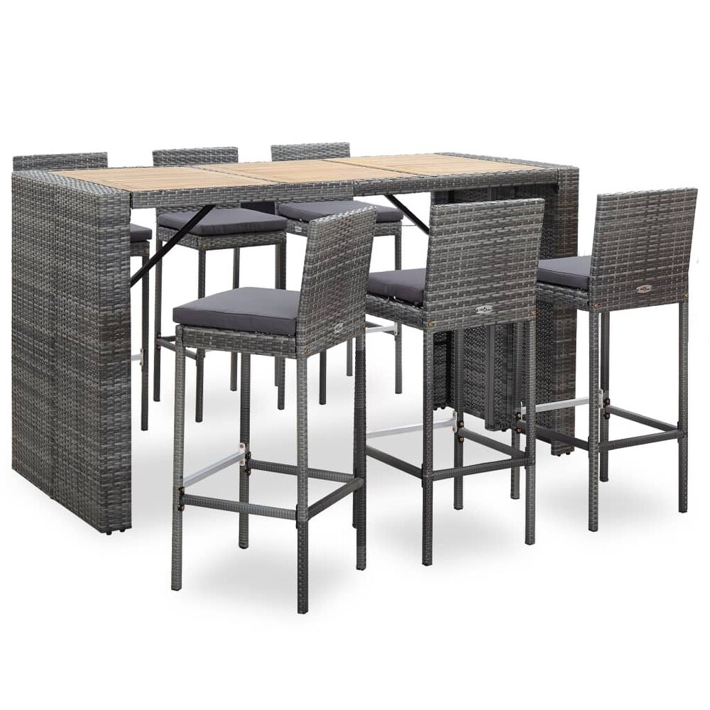 vidaXL 7 Piece Patio Bar Set with Cushions Poly Rattan Gray