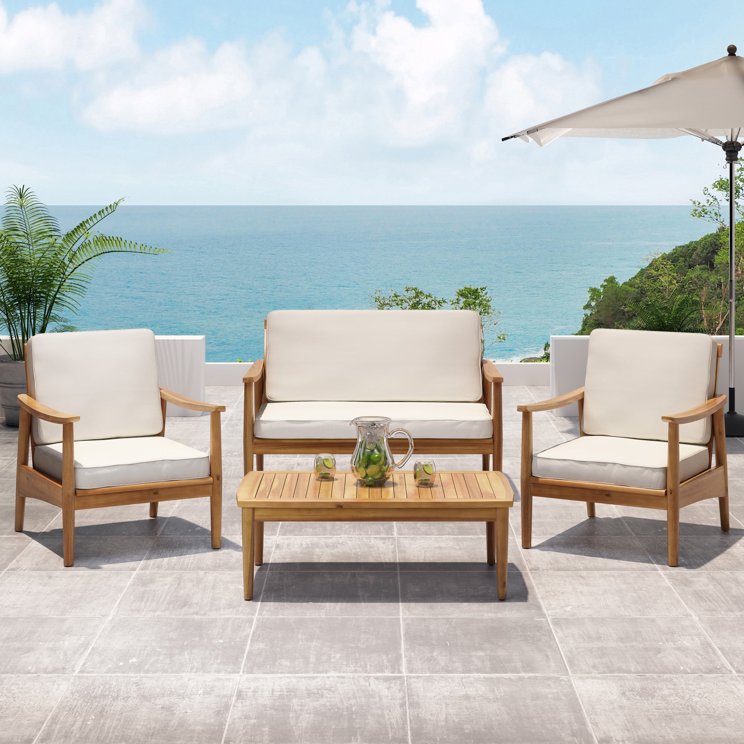 Emmry Outdoor Acacia Wood 4 Seater Chat Set with Coffee Table