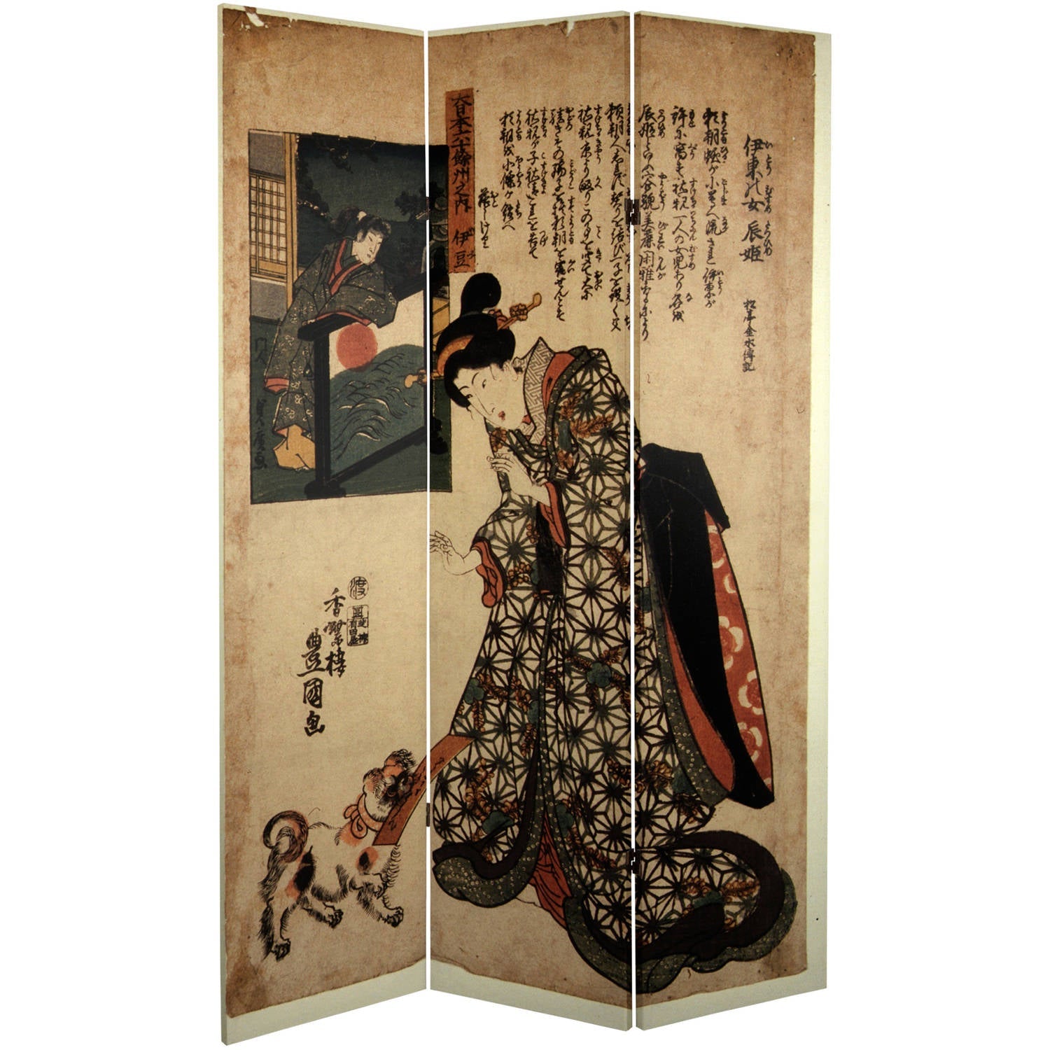 Oriental Furniture 6 ft. Tall Japanese Figures Canvas Room Divider - 3 Panel