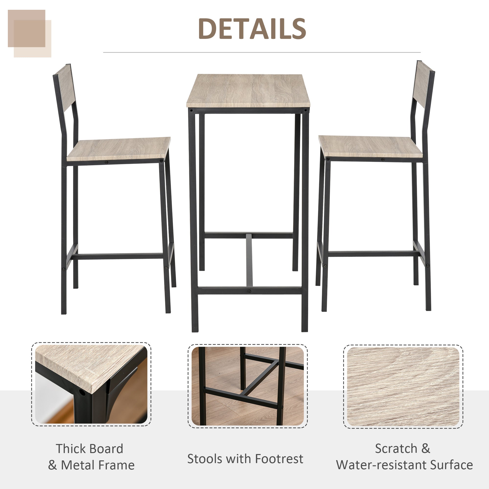 HOMCOM 3-piece Counter Table Set High Back Stool Industrial Dining Kitchen