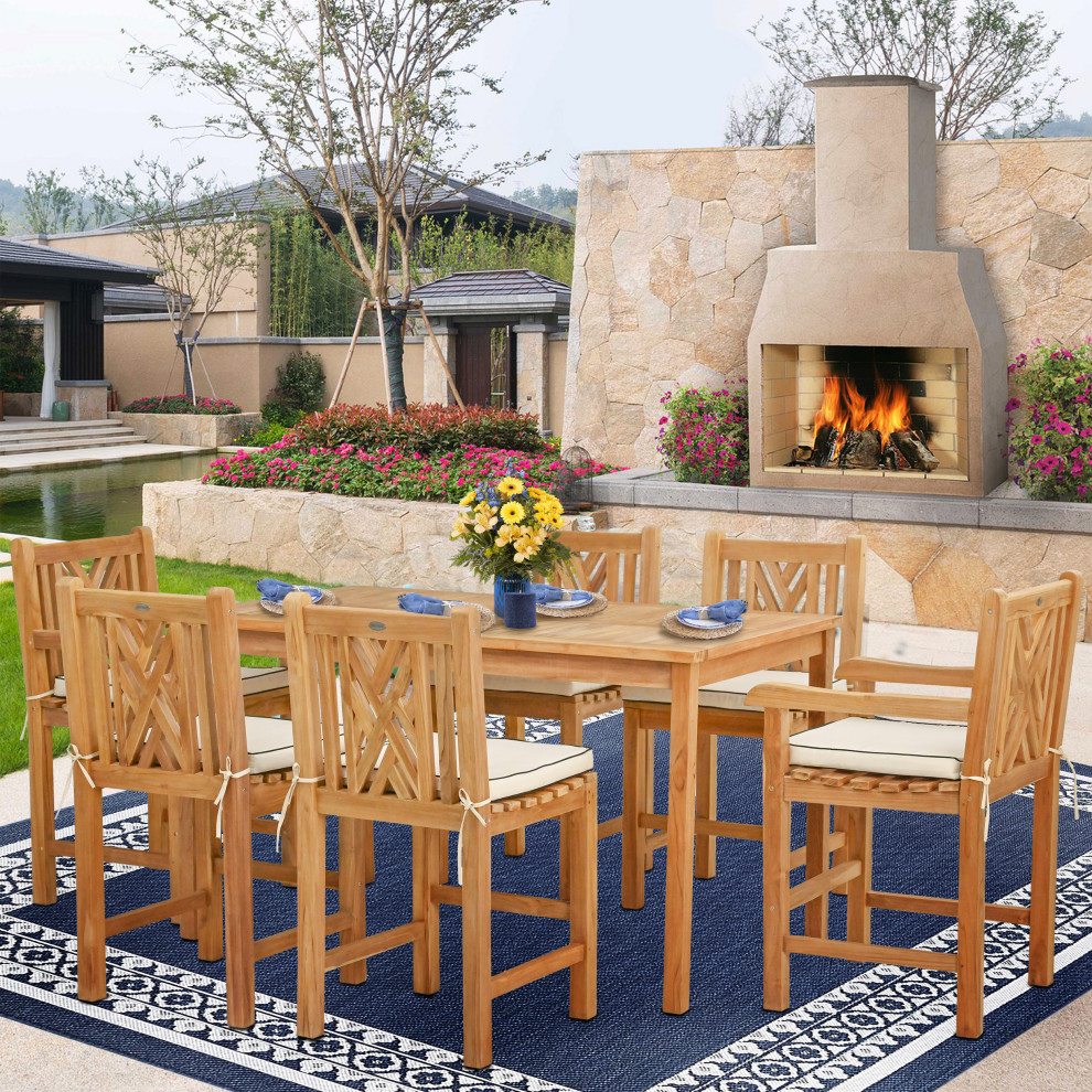 7 Piece Teak Chippendale 63 quotRect Bistro Counter Set  2 Arm and 4 Side Stools   Transitional   Outdoor Pub And Bistro Sets   by Chic Teak  Houzz