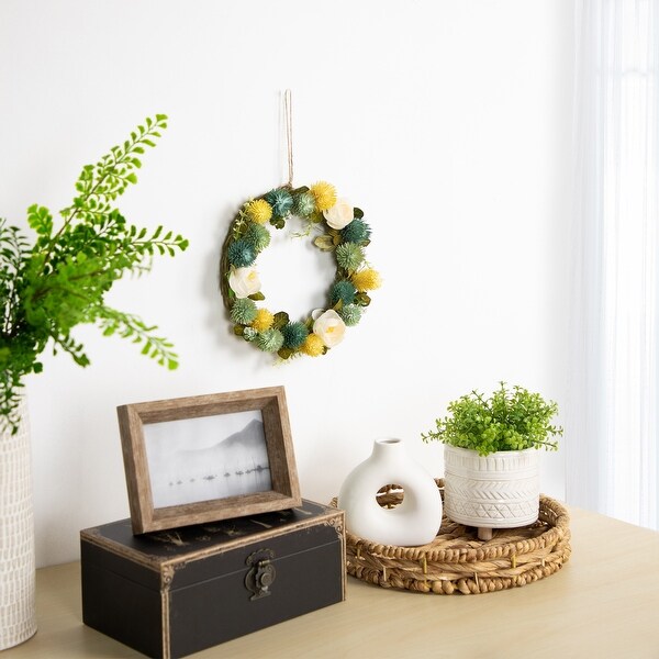 9 Cream Rose，Green and Yellow Thistle Hanging Spring Wreath