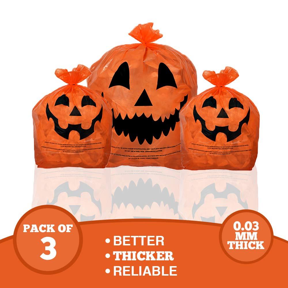 KINREX Halloween Pumpkin Plastic Lawn and Leaf Bags Decoration - Outdoor Fall Trash Bag Decor - Orange Jack O Lantern - Pack of 3 with Twist Ties