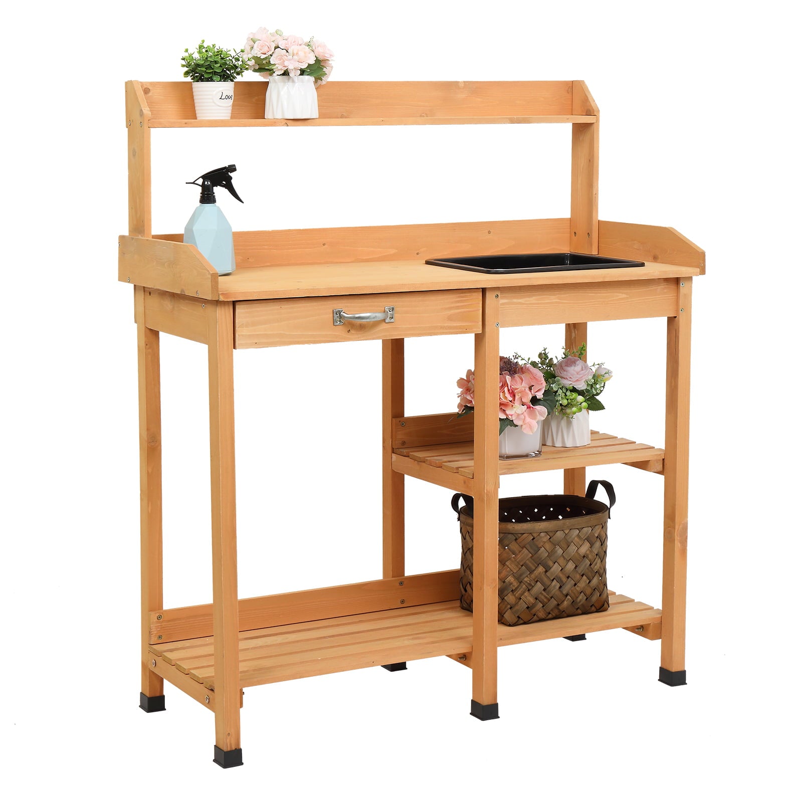 Luckinbaby Wood Garden Workbench, Large Capacity Potting Bench with Drawer