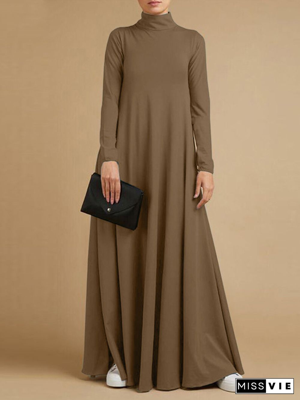 Casual Loose 4 Colors High-Neck Long Sleeves Maxi Dress