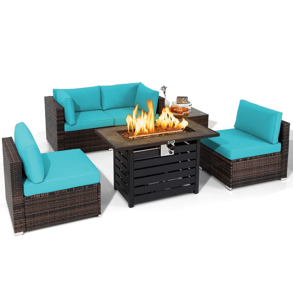 Costway 6PCS Patio Rattan Furniture Set 42'' Fire Pit Table Cover Sofa   See Details