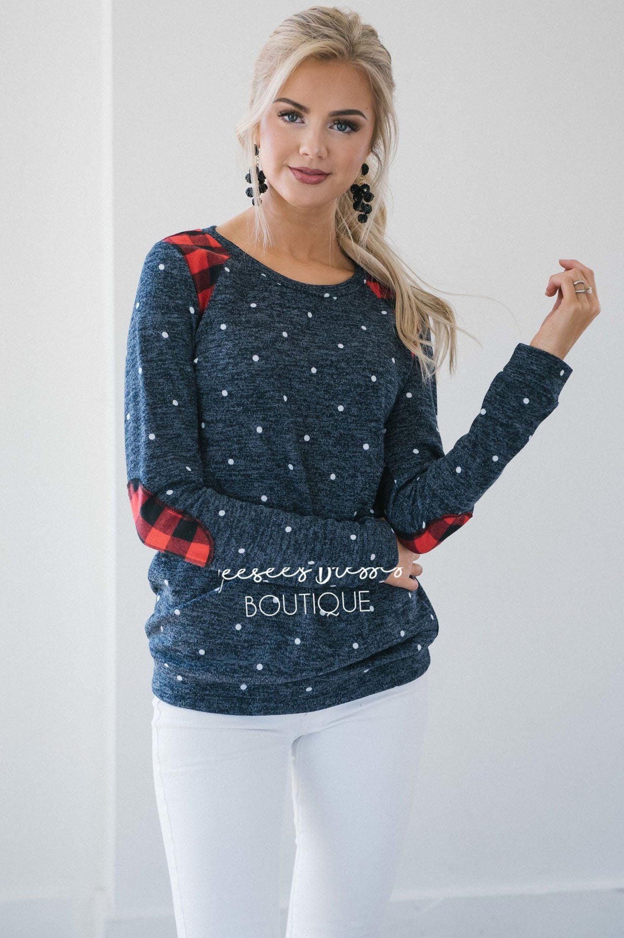 Polka Dot & Plaid Elbow Patch Top