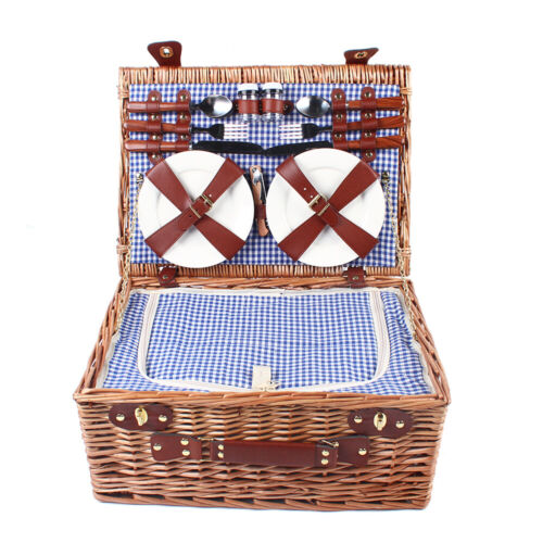 4 Person Insulated Picnic Basket Set Wicker Basket Camping Outdoor 19pcs