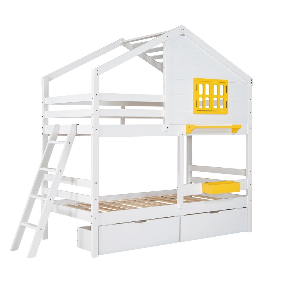 Contemporary Unique Design Twin over Twin Bunk Bed with 2 Drawers  1 Storage Box  1 Shelf and Quality Structure for Bedroom