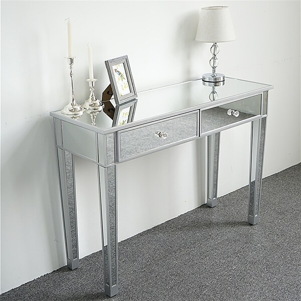 Mirrored 2-Drawer Media Console Table， Makeup Table Desk Vanity for Women Home Office Writing Desk Smooth Matte Silver Finish