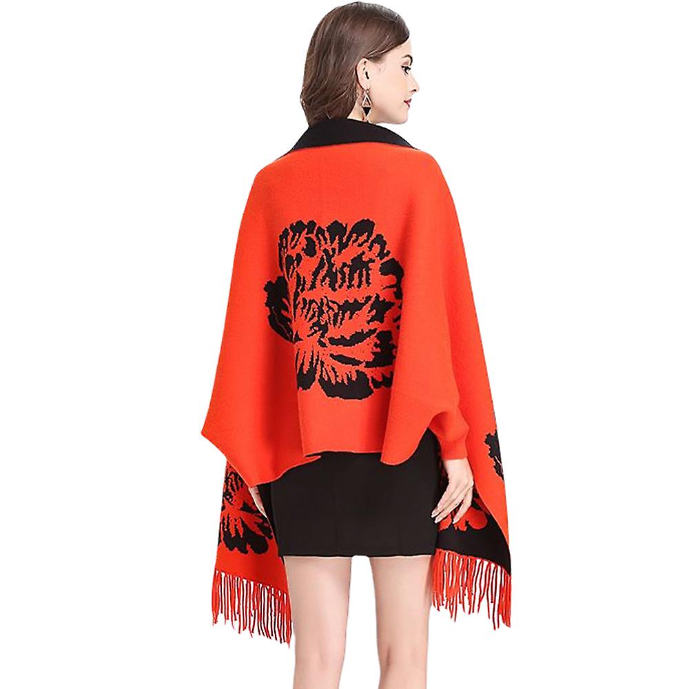 Women Floral Printed Knitted Shawl Cape With Sleeves